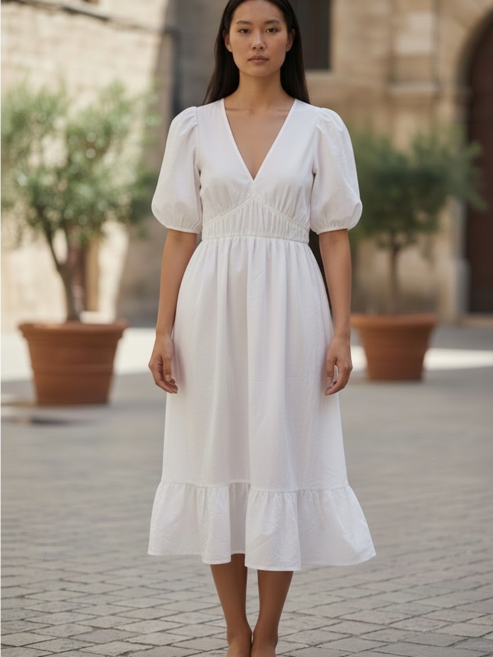 Vineyard Vines White V-Neck Puff Sleeve Maxi Dress